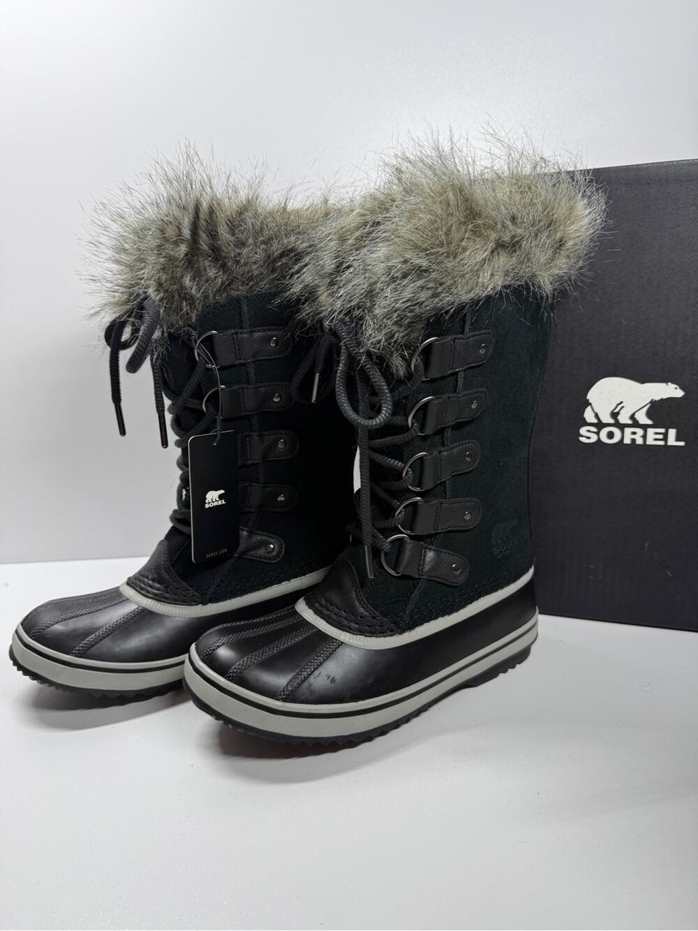 Sorel Joan of Arctic Black Suede Leather Faux Fur Collar Tall Winter Boots Size7